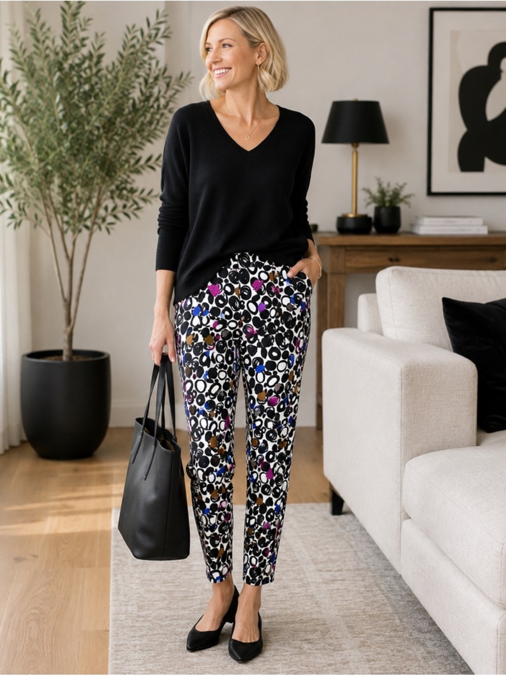 Joseph Ribkoff Pants Size 18 Black White Abstract Print Slim Ankle Stretch